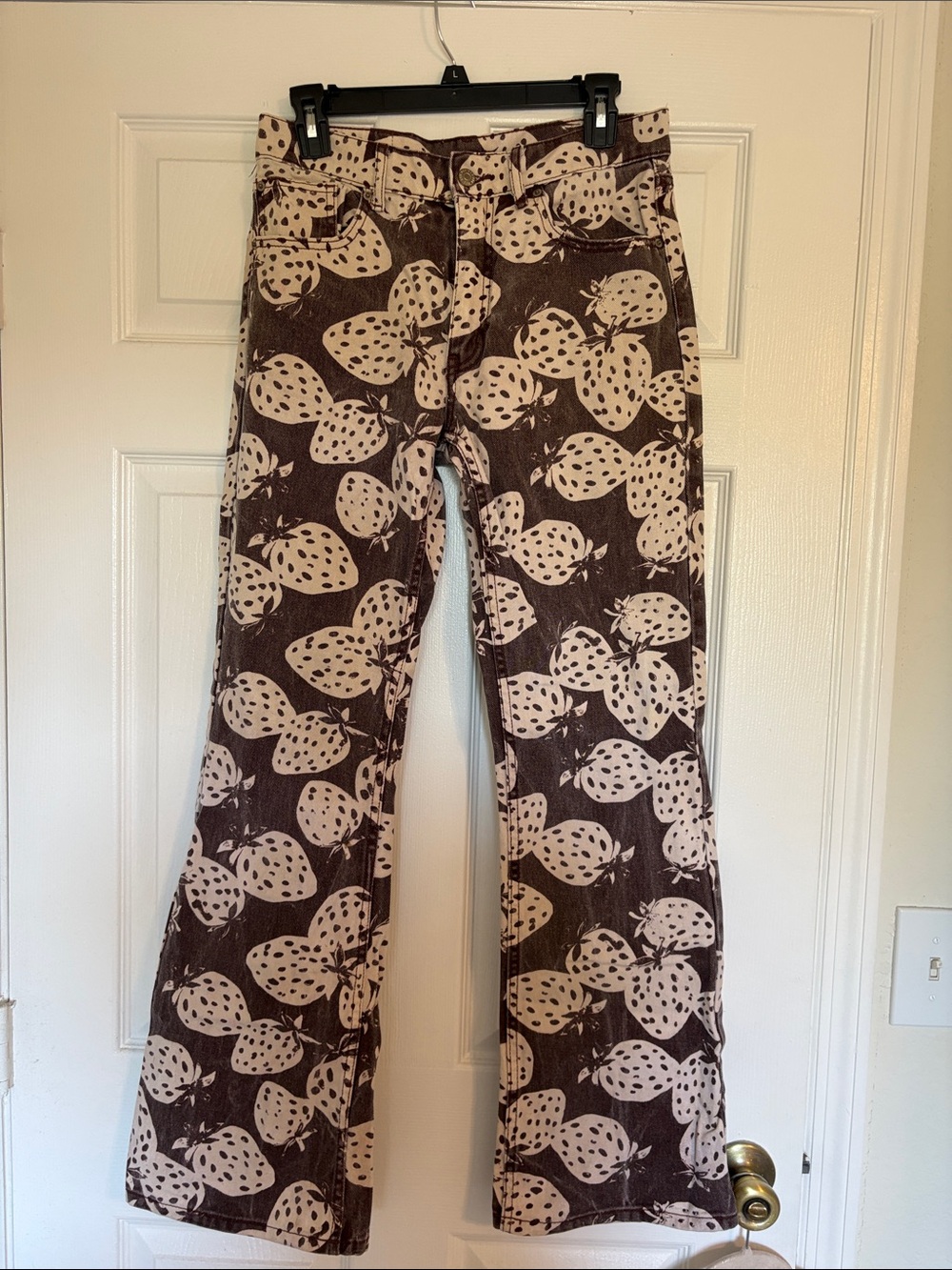 BDG Brown Pants with Cream Strawberry Print - Flare Wide Leg